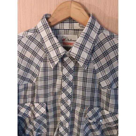Bud Berma Westerner Shirt Mens Large Blue Plaid Pearl Snap Western - Picture 2 of 8